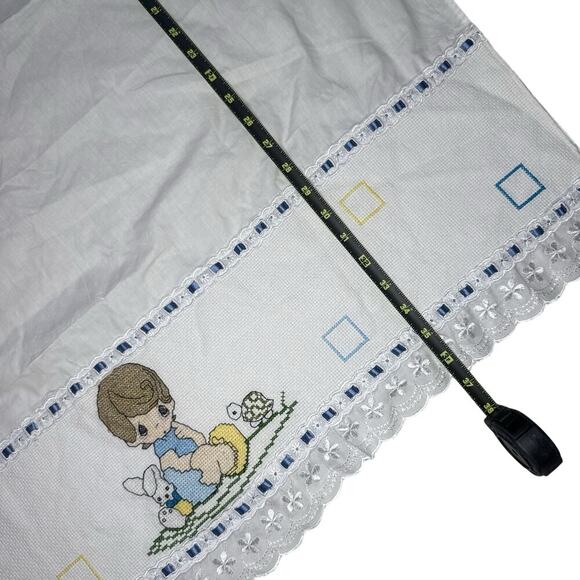 Vtg Precious Moments Baby Blanket Sheet Baby Boy Cross Stitch Embroidered Lace - Picture 4 of 5